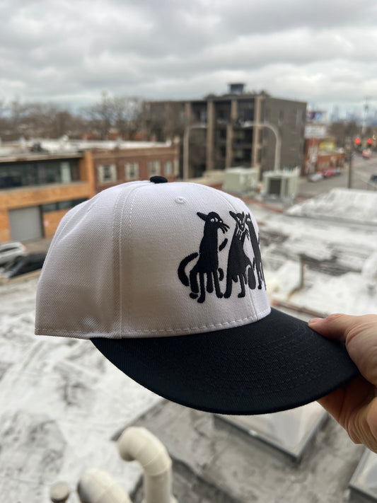 White cap with black logo held against a snowy urban background