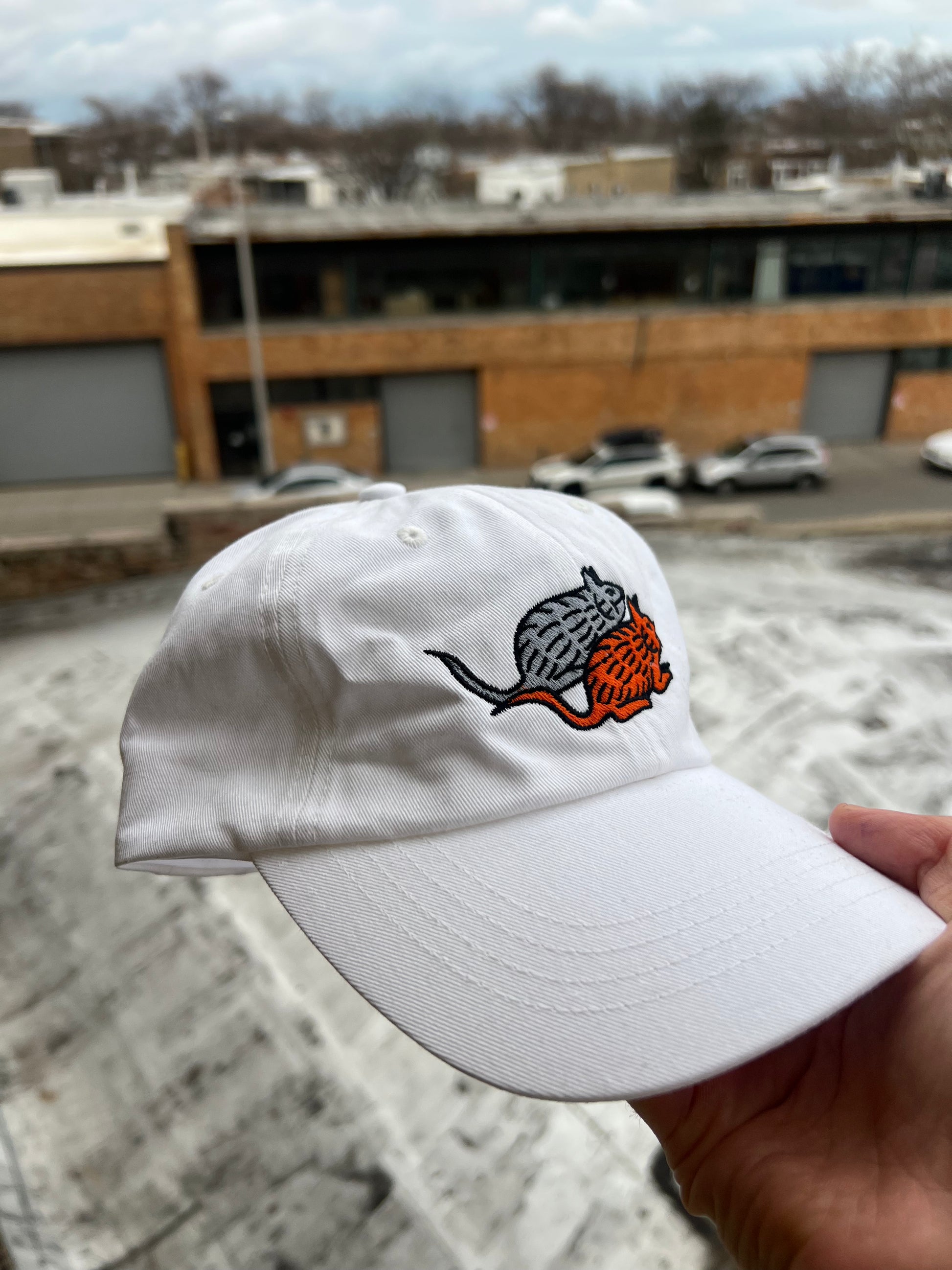 White cap with a logo held in front of an urban background