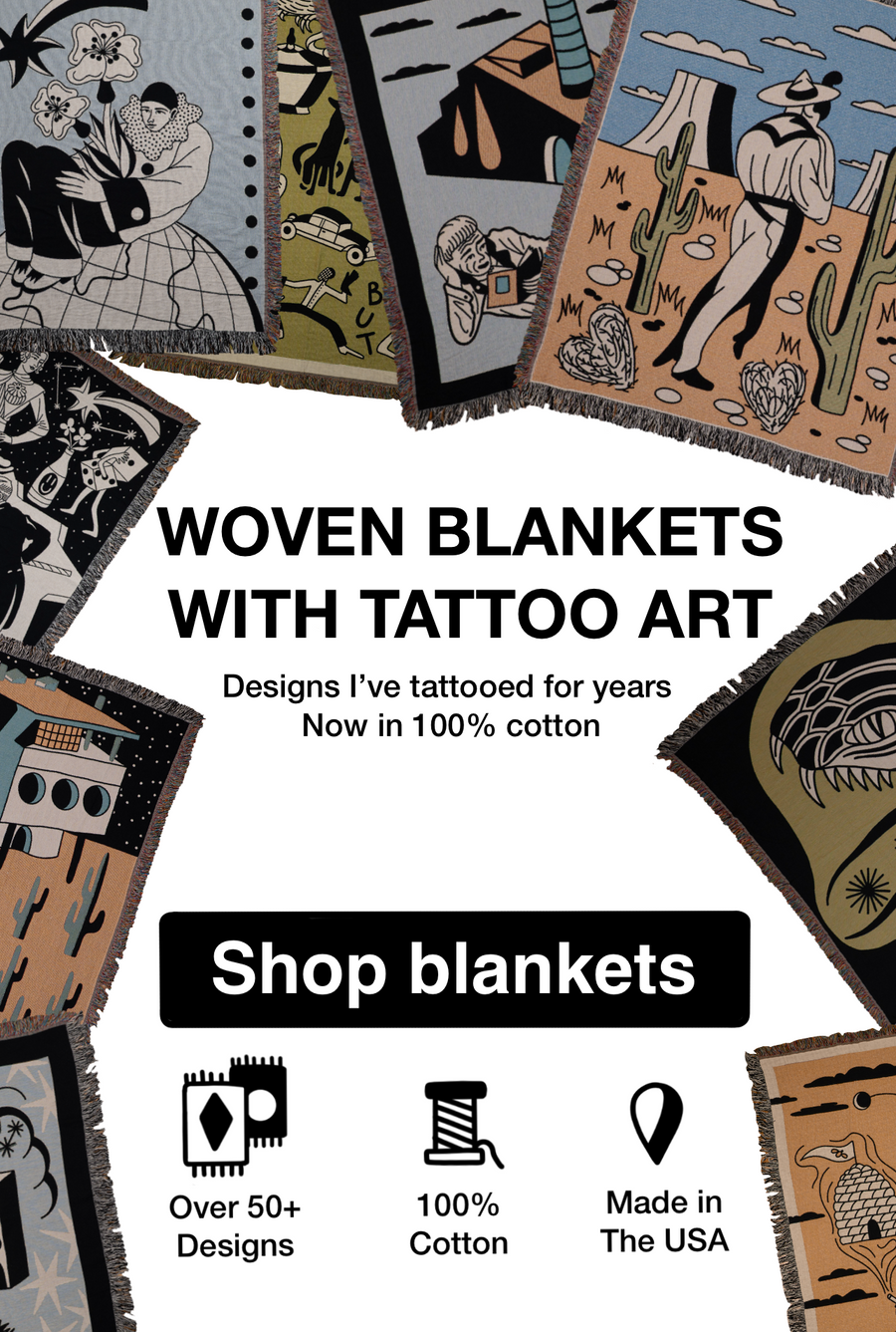 Woven blankets with tattoo art by Oleksandr But - designs I've tattooed for years, now in 100% cotton