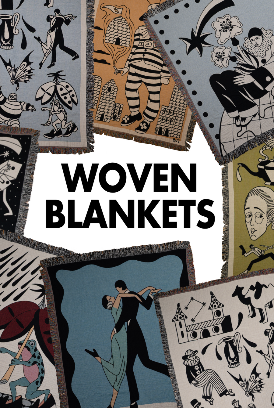 Woven blankets with artistic designs on a white background