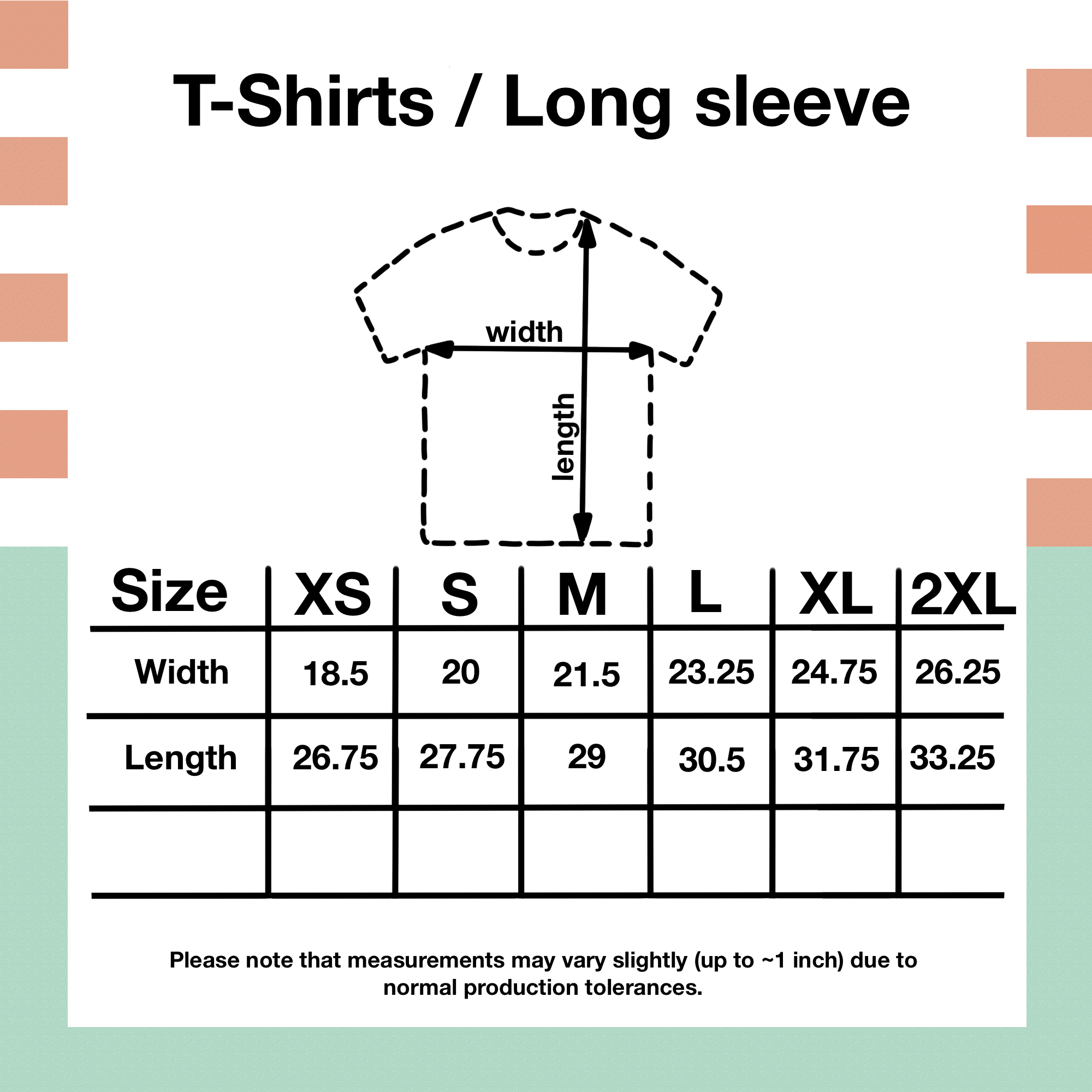 Size chart for t-shirts and long-sleeve shirts with measurements in inches.