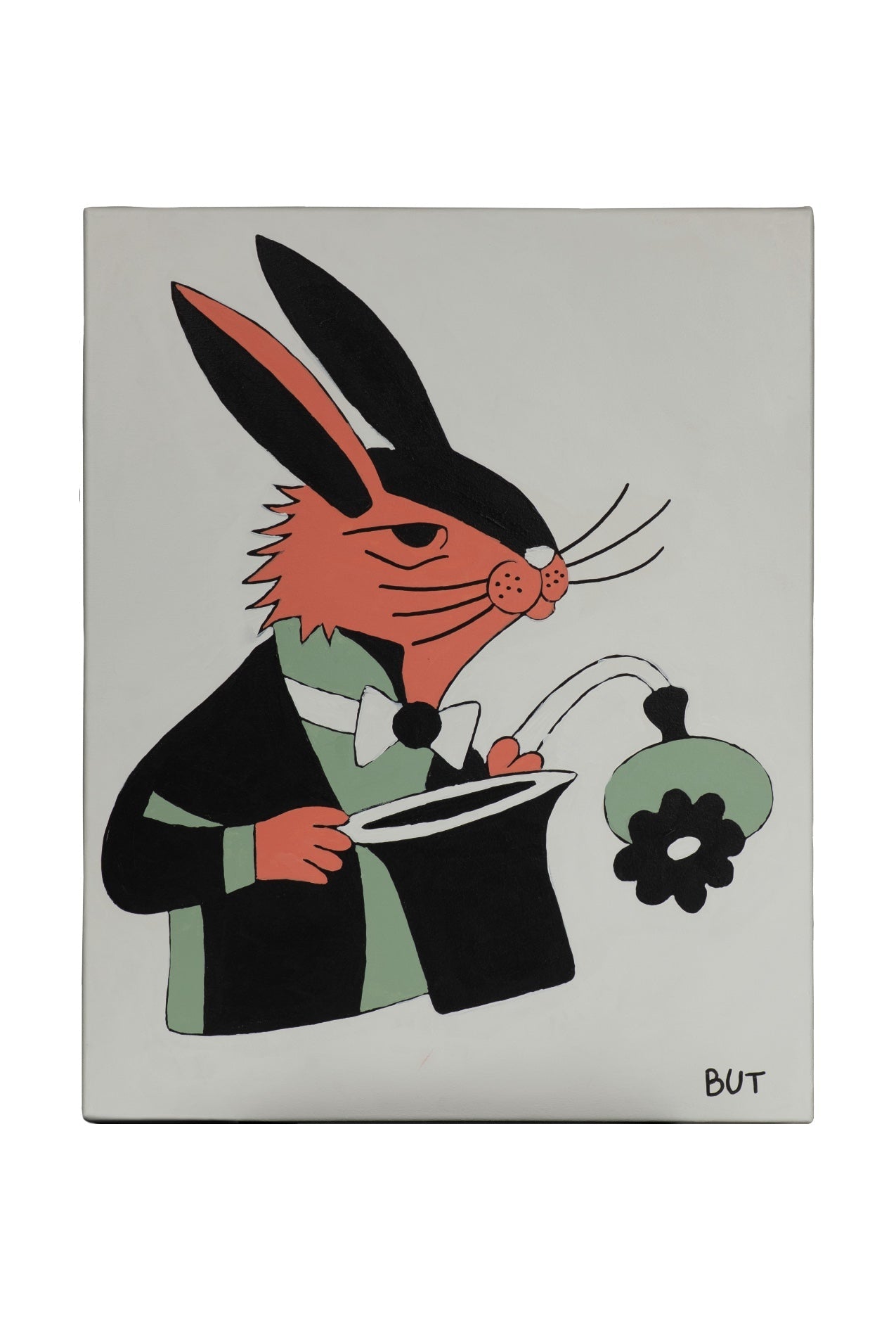 Cartoon rabbit character in a suit with a top hat and flowerstick on a gray background