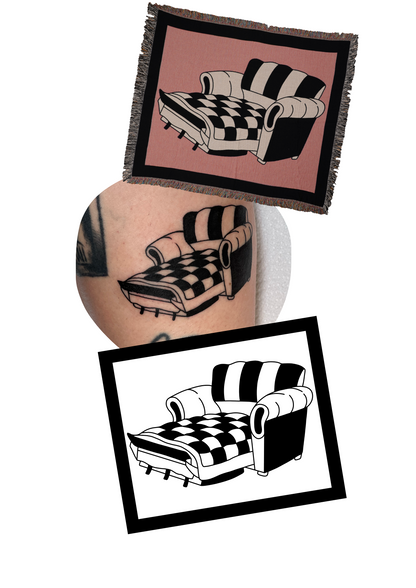 Custom tattoo blanket: couch tattoo and sketch woven into a blanket - pink background with black frame